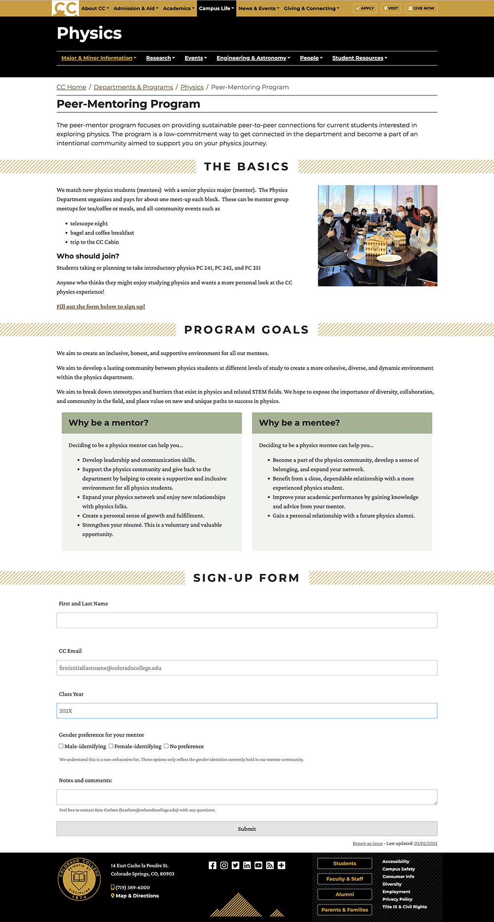 colorado college physics department peer mentoring program page