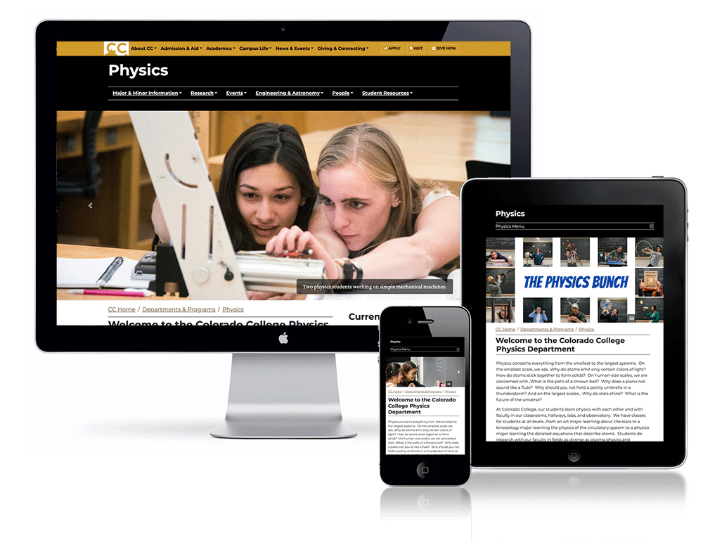 mockup of the colorado college physics homepage in desktop, tablet, and mobile view